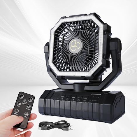 Ventilateur de camping rechargeable 20 000 mAh avec port USB rotatif à 360° et lumière LED ventilateur de camping alimenté par batterie rechargeable avec lumière LED, noir. (1/5)