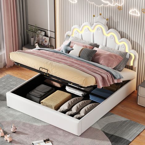 Cama con espacio de almacenamiento tapizada en PU blanco 140x200 cm, LED regulable y somier de láminas (1/5)