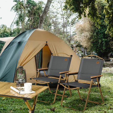 Outsunny Campingstühle, 2 x Strandstuhl, faltbar, Stahl, Holzoptik, Dunkelgrau