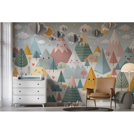 Papier peint enfants - sommets graphiques et sapins pastel - 400 x 260 cm (1/2)