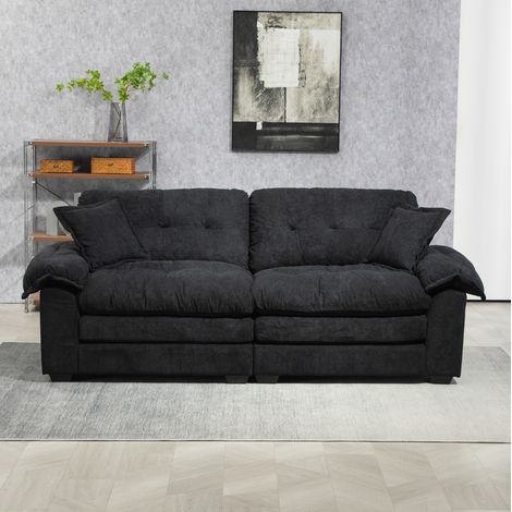 Sofá 214x89x93 cm negro tapizado de chenilla con asiento profundo y cojines dobles (1/5)