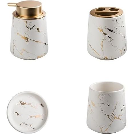 Accessoires salle de bain en céramique – lot 4 pièces céramique effet marbre – distributeur savon, porte-brosse, gobelet, boîte à savon – nettoyage facile – Blanc (1/5)
