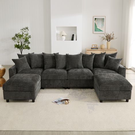 Canapé modulable 6 places en U ou L 283x153,5x78,5 cm, 2 poufs modulables, USB/Type-C, 8 coussins réglables + 2 coussins décoratifs, chenille , gris (1/5)