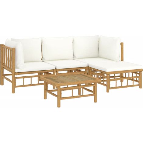 Salon de jardin 5 pcs avec coussins blanc crème bambou vidaXL (1/5)