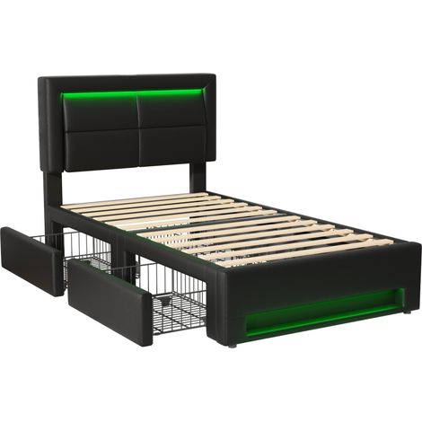 Cama tapizada 90x200 cm de PU negro con USB, LED y 4 cajones, sin colchón, HOMVRA (1/5)