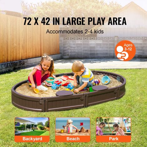 Bac à sable couvert ovale 183x105x23 cm, aire jeux HDPE avec 4 assises angle et doublure fond, pour enfant extérieur jardin plage parc, cadeau 3-12 ans, marron (1/5)