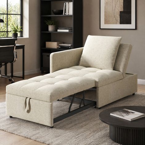 Canapé-lit 3 en 1 convertible, fauteuil de repos et lit simple, revêtement tissu beige, dossier 5 positions, pour petits espaces, avec coussins – CHICFURN (1/5)