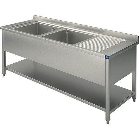 Plonge, 2 Bacs, Égouttoir à Droite, Sur Piètement, Avec Étagère Inférieure, 1400X700 mm - Mastro