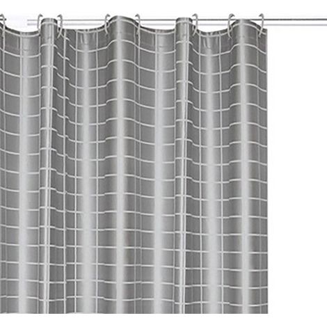 Rideau de douche imperméable 180 x 180 cm avec boucle en acier inoxydable, en PEVA gris quadrillé, pour salles de bains publiques, dortoirs et toilettes, avec crochets. (1/5)