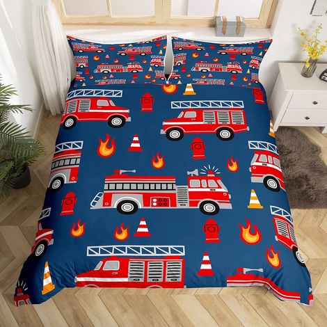 Parure de lit avec housse de couette 135 x 200 cm Motif camion de pompier et fermeture Éclair Bleu/rouge Décoration de chambre Thème sécurité incendie (1/5)
