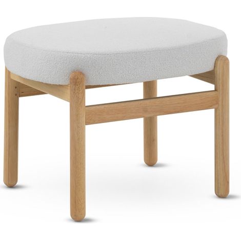 Pouf, bezogen mit weißem Bouclé-Stoff, mit Gestell und Beinen aus naturbelassenem Kiefernholz (1/5)