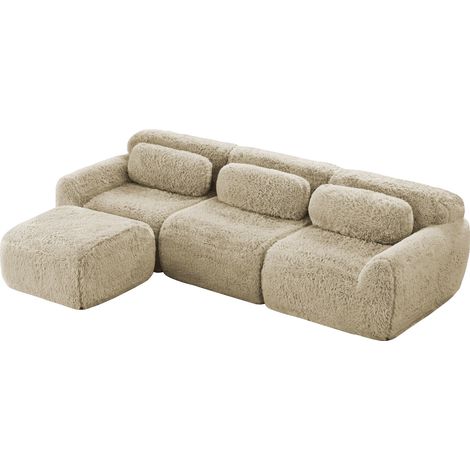 L-förmiges modulares Sofa, Plüschstoff, rahmenloses Tiefsofa, keine Montage, mit Kissen. Weich, hochelastischer Schaumstoff, rutschfester Boden, geeignet für Wohnzimmer, Schlafzimmer, Hellkhaki (1/5)