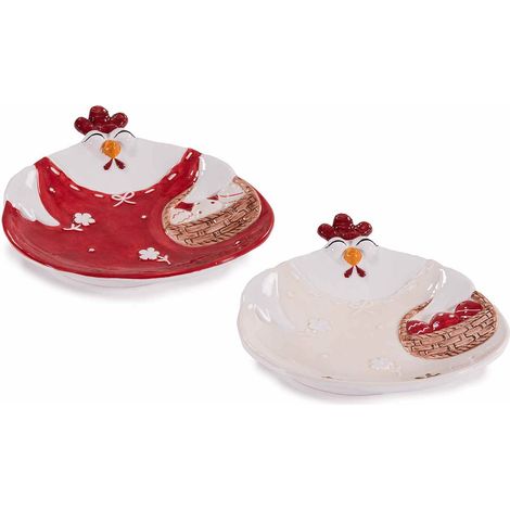 Piatti decorativi in ceramica a forma di gallina con cresta e con decori cesto di uova e fiori in rilievo, set da 4 pezzi, cm 20 x 21 H
