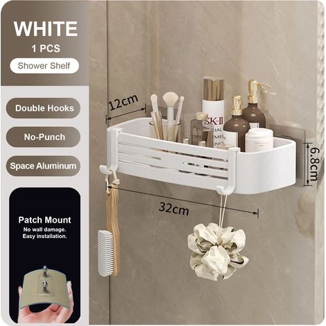 (blanc-1) Étagère murale rectangulaire pour salle de bain, porte-serviettes, porte-shampoing mural pour douche, sans perçage (1/5)