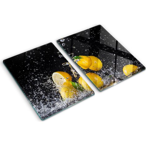 Planche de cuisine, couvre plaque, verre planche découper, verre trempé – 2 x 40 x 52 cm - Citrons et eau