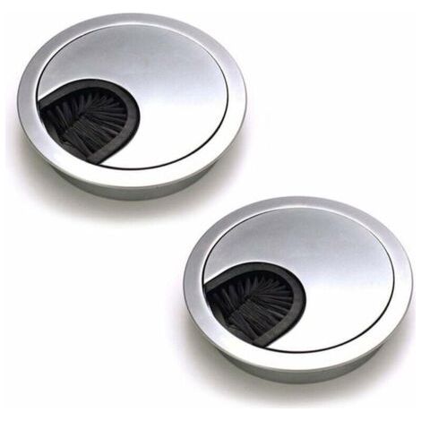 Lot de 2 Passe Câbles Ronds Encastrables, Passe Cable Fil Métal Acier Brossé Design, Rangements de Câbles pour Table de Bureau Diamètre 60 mm - Argent Perle Chrome