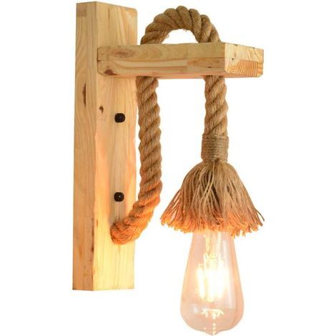 Applique murale industrielle à Led Lampe murale décorative en bois Applique murale en corde de chanvre Luminaire pour café, hôtel et restaurant Ampoule Edison à culot E27 Lumière chaude incluse (1/5)
