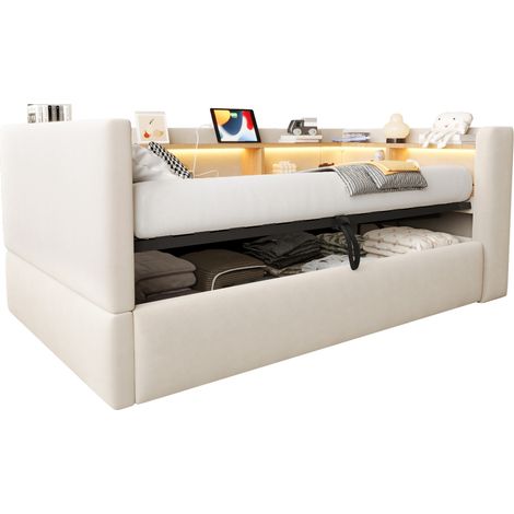 CHICFURN Canapé-lit 90x190 cm beige avec rangement hydraulique, LED, prises et étagères intégrées, lit 1 place multifonction en tissu pour petit espace (1/5)