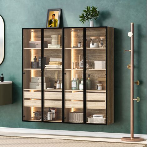 Badmöbel 2er-Set modern aus MDF in Natur mit satinierten Glastüren, LED-Beleuchtung, Schubladen und offenen Fächern (1/5)