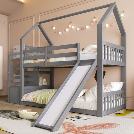 Lit cabane 90x200 avec toboggan gris HAVRYA (1/5)