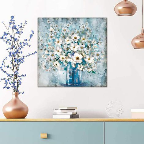 (30 × 30 cm) Impression sans cadre, Vase bleu fleur blanche Peinture sur toile Salon Salle à manger Salle de bains Décoration murale Peinture Noyau intérieur Suspendu Peinture encadrée