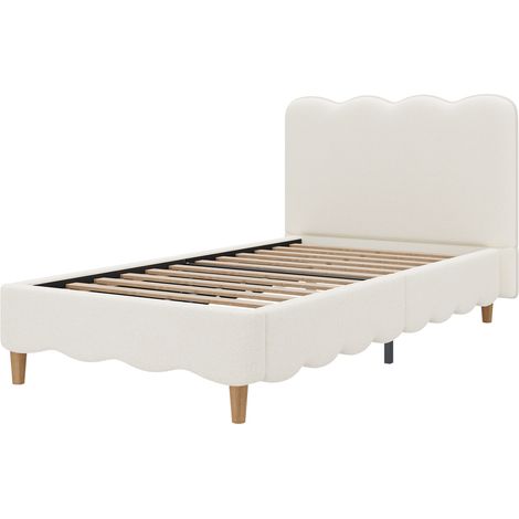 Kinderbett 90 x 200 cm aus weißem Bouclé mit Lattenrost, Kopfteil und Holzfüßen (1/5)