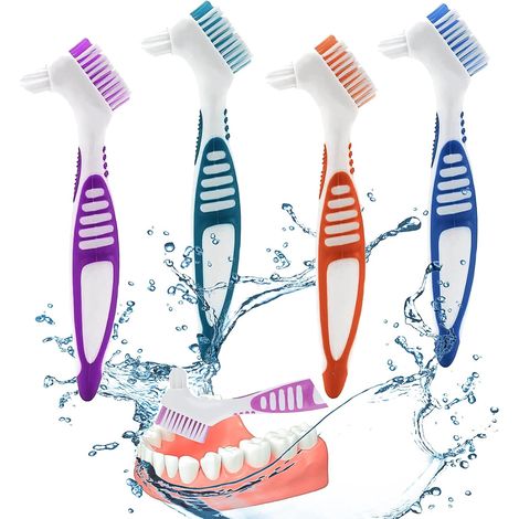 Brosse à Dents Dentier 4 Pièces Pour Appareil Dentaire, Têtes à Double Angle, Prothèse Souple Pour Soins Dentaires (Bleu, Violet, Vert, Orange) (1/5)