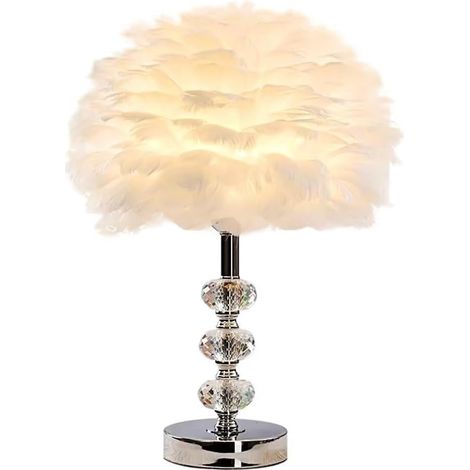 Lampe de table en plumes blanches avec base en tige de cristal, abat-jour en plumes élégant, lampe de table de chevet décorative, veilleuse pour chambre à coucher, salon (1/3)