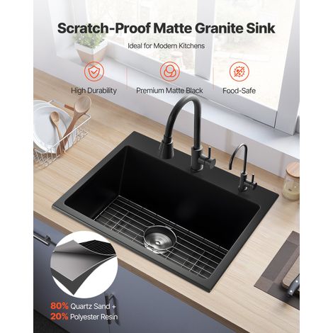 Évier de Cuisine Moderne en Granit de 63,5 cm, Évier à Poser à Large Cuve Simple, Bac à Laver Encastrable avec Accessoires Multiple… (1/5)