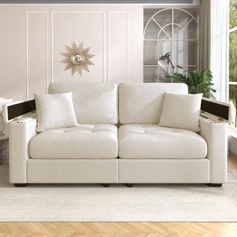 DESMIU Canapé droit 2 places avec rangement dans les accoudoirs et poches latérales, en Chenille, Beige (1/5)