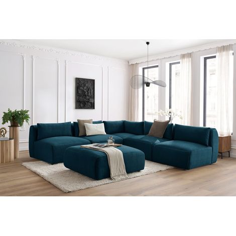 BOBOCHIC - Canapé d'angle fixe modulable JEANNE tissu velours avec 4 chauffeuses, 1 angle et 1 pouf Réversible Bleu foncé (1/5)