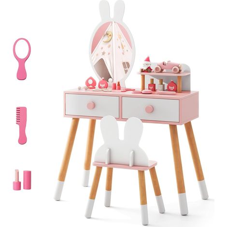 Ensemble de Maquillage 2 en 1 pour Enfant - Blanc - avec Miroir, 2 tiroirs et étagère - Motif Lapin - pour Fille (1/4)