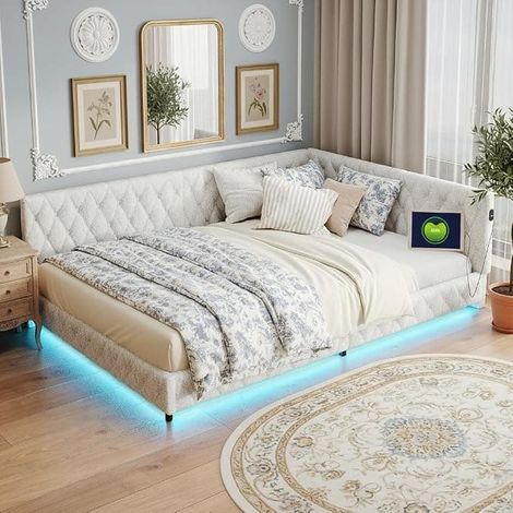 Canapé-lit Rembourré 140x200 cm avec LED et USB,lit rembourré en L,Lit Banquette 2 Places avec Sommier à Lattes,Lit Double en Tissu Velours Teddy,Sans Matelas,ossier confortable finition diamant,Beige (1/5)