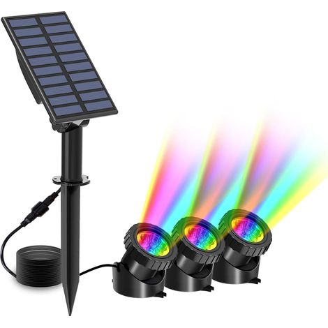 QAZQA Lampe Solaire Sous-marines, 3 packs Spots Solaire, Éclairage Submersible avec 2 Modes, RGB Changement Couleur, IP68 Étanche, Lumière Submersible Réglable, Lampes Solaires pour Étang (1/5)