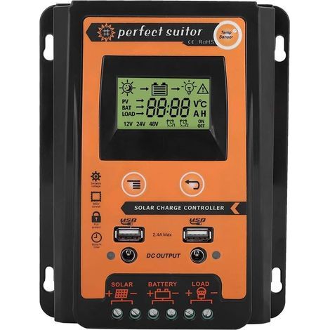 MPTT 12V/24V Solarladeregler, Dual-USB-Solarpanel-Batterieregler, LCD-Display, 30A Panelstromregler, Schwarz/Orange (1/5)