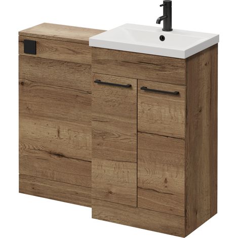 Napoli 390 Tobacco Oak 1000mm 2 Door Vanity Unit Toilet Suite with Glide Basin - 1000mm - Matt Black 160mm HandleWithout Kingston Toilet Pan