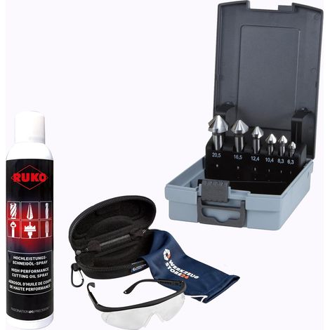 RUKO Kegelsenker-Satz HSS, 6tlg., 6,3–20,5 mm, DIN 335 Form C, 90° inkl. Spray & Schutzbrille - WZS102152RO