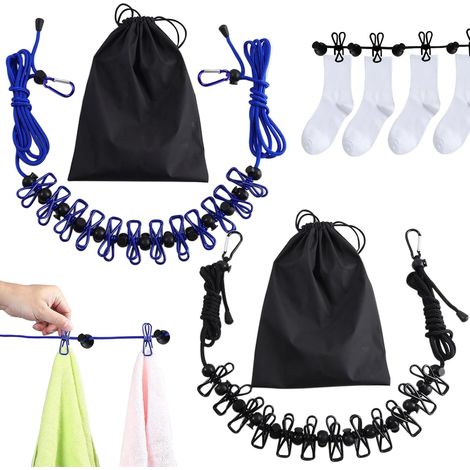 Corde a Linge Camping,Corde à Linge Portable,2 Pièces Cordes a Linges Voyage,4m Fil a Linges Ajustable avec 12 Clips (Noir+Bleu) (1/5)