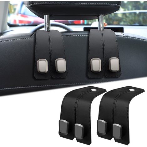 Juego de 2 ganchos dobles para el reposacabezas del asiento del coche，ganchos de cuero para carteras en el coche，negro，cuero