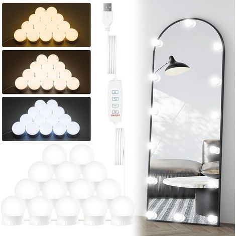 Mirror Light, 14 Bulbs for Makeup Vanity, Dimmable LED Hollywood Mirror, USB Dressing Lamp with Switch, 3 Colors (1/5)