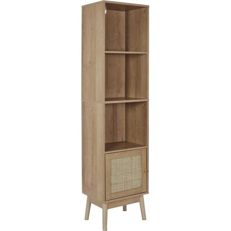 The Home Deco Factory – Colonne de salle de bain 1 porte Bali – Dimensions L. 40 x P. 30 x H. 160 cm – Bois et rotin – Rangement vertical élégant (1/5)