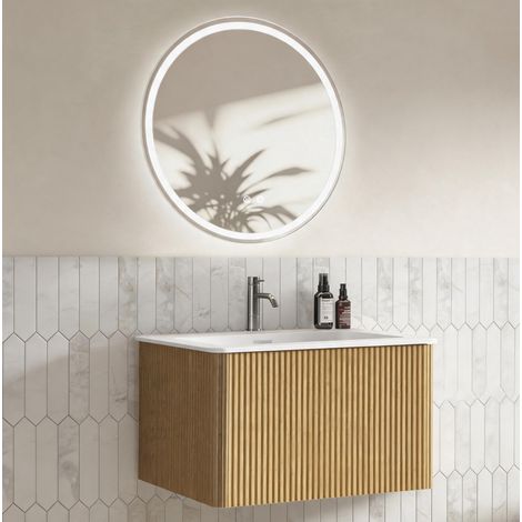 Meuble salle de bain suspendu 60 cm avec vasque intégrée et miroir LED antibuée réglable, 1 tiroir, MDF bois clair, livré prémonté pour petit espace – CHICFURN (1/5)