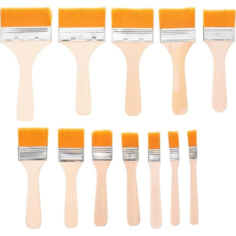12 pinceaux plats larges, poils en nylon, manche en bois, pour peinture acrylique, à l'huile et aquarelle (1/5)