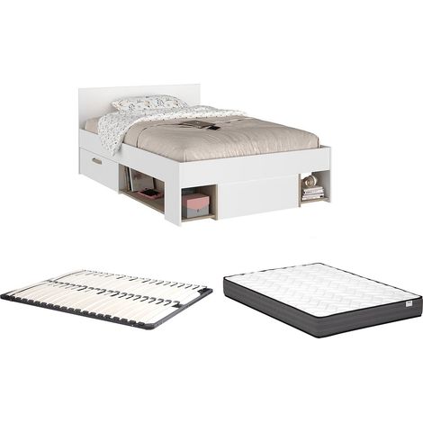 Letto 120 x 190/200 cm Con vani portaoggetti Bianco e naturale + Rete a doghe + Materasso  - KINSELIA