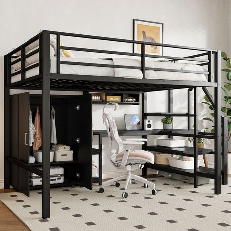 Hochbett 140x200 mit Kleiderschrank und Schreibtisch, Regalen und Leiter mit Stauraum, robustes schwarzes Metall (Matratze nicht im Lieferumfang enthalten)
