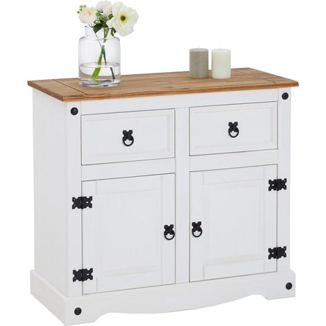 Buffet en pin massif blanc et brun – 2 tiroirs et 2 portes battantes – Dimensions 76x87x40 cm – Meuble de rangement pour salle à manger – Caro-Möbel (1/5)