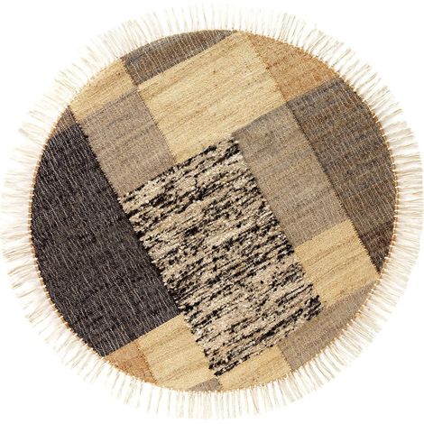Tapis rond naturel en jute laine et coton avec franges élégantes - Naturel patchwork marron beige noir