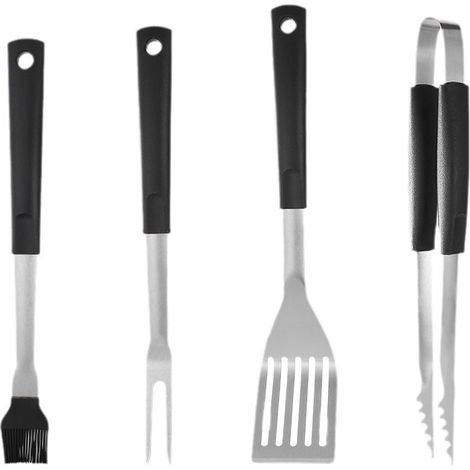 Set 4 ustensiles de barbecue pince fourchette spatule pinceau sac BBQ acier inox (1/5)
