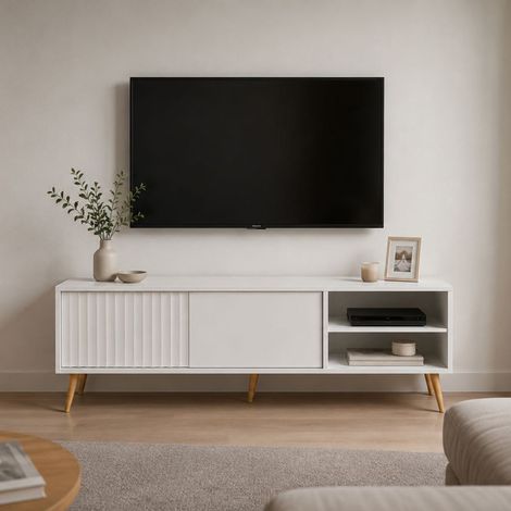 Mueble para TV Lilemi, 2 Estantes, Una puerta, con Patas, 135x40x48h cm Blanco (1/3)