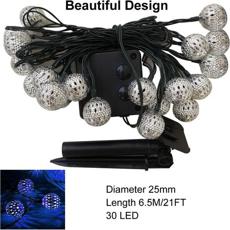 Guirlande lumineuse solaire, 6,5 m, 30 LED, argentée, style marocain, étanche, pour décoration intérieure et extérieure (jardin, cour, fête, Noël) (Bleu) (1/5)